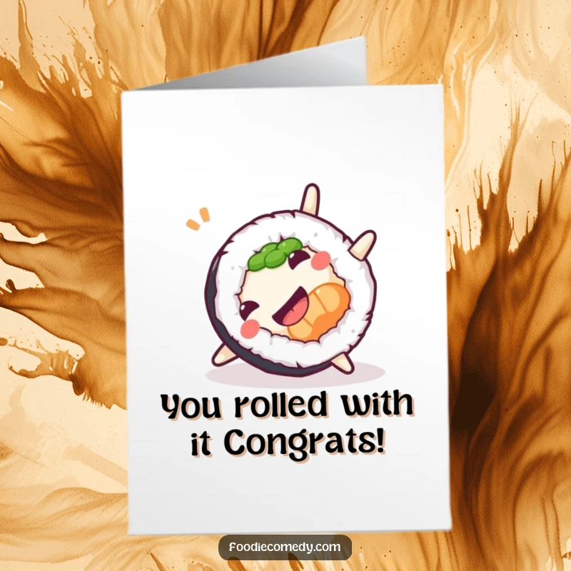 Funny Free Printable Congratulatory Card: A happy sushi roll in mid-somersault, celebrating a victory.