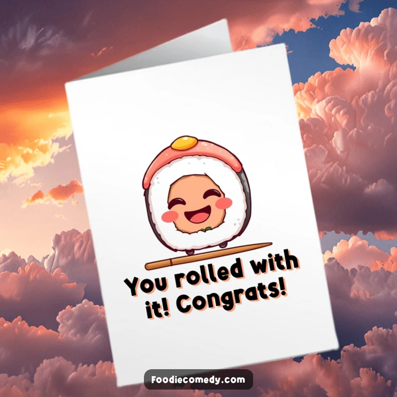 Funny Free Printable Congratulations Card: A grinning sushi slice mastering the art of balancing on a chopstick.
