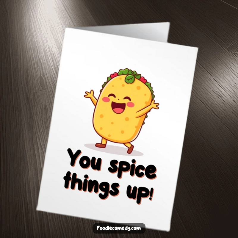 Funny Free Printable congratulations card: A happy taco performing a lively salsa dance, celebrating a fantastic achievement.