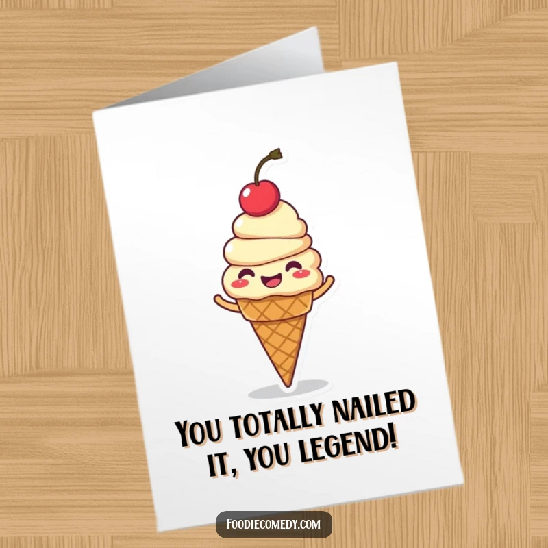 Funny free printable congratulations card: a giggling ice cream cone with a cherry on top, spinning joyfully.