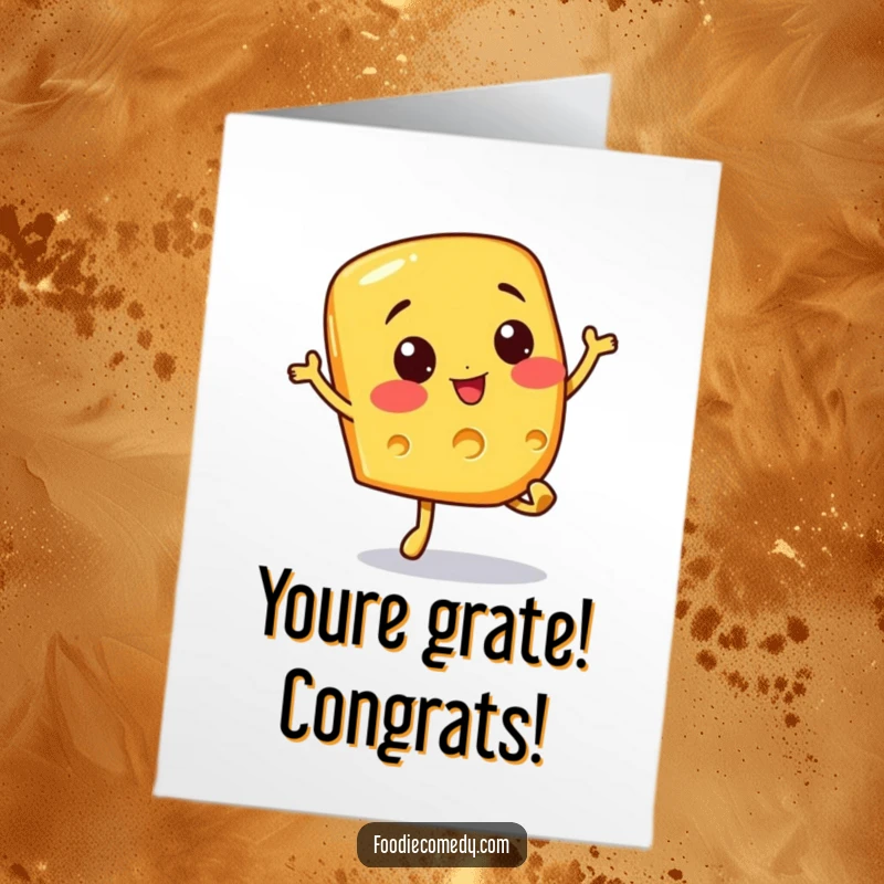 Funny Free Printable Congratulations Card: A cheerful piece of cheese joyfully hopping to celebrate your success.