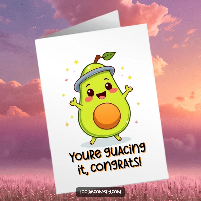 Free Printable congratulations card: A happy avocado spinning with flair in a disco setting. Vibrant downloadable message.