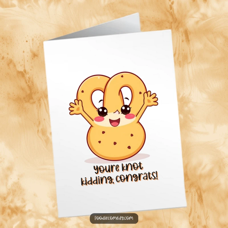Funny Free Printable Congratulations Card of a joyful pretzel with arms boogying with enthusiasm.