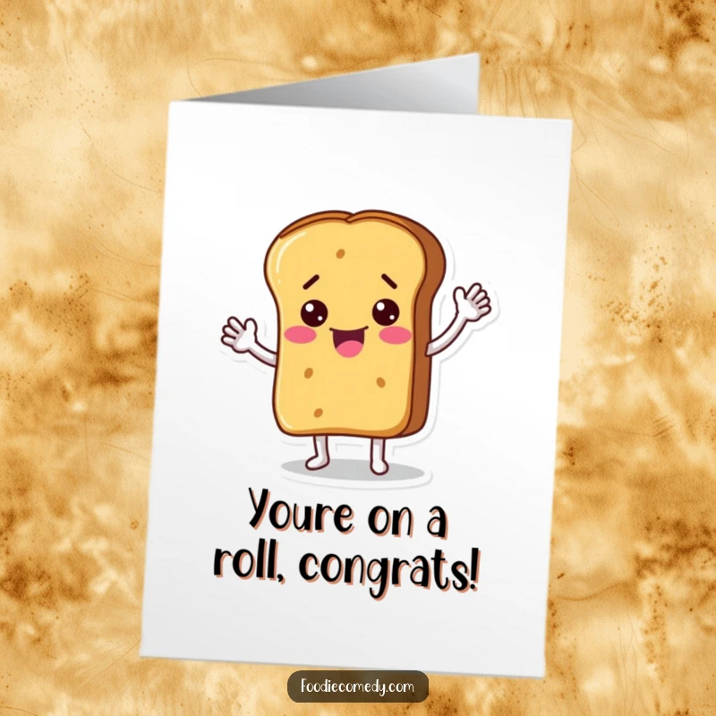 Funny Free Printable Congratulations Card: A happy bread loaf character waving enthusiastically to celebrate a win.