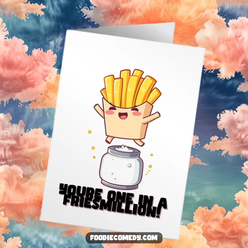 Funny Free Printable Congratulations Card: Kawaii french fry character performing an energetic leap over a salt shaker.