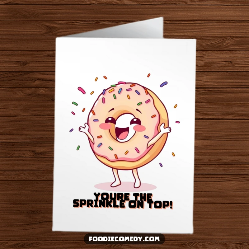 Funny Free Printable Congratulations Card showing a happy donut character juggling sprinkles with glee, celebrating a sweet victory.