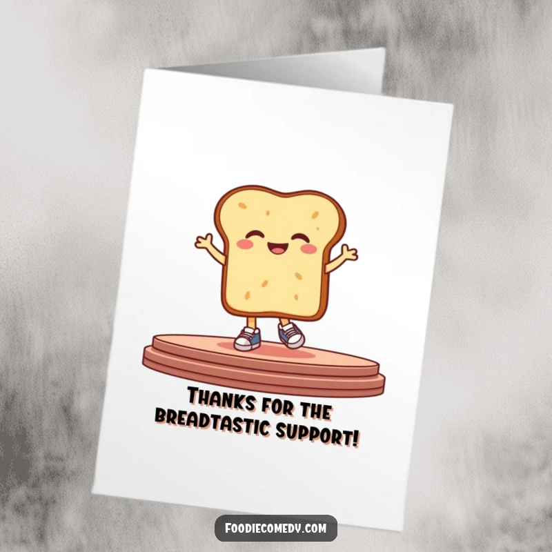 Funny Free Printable thank you card showing a bread character in tiny sneakers hopping excitedly on a stage.