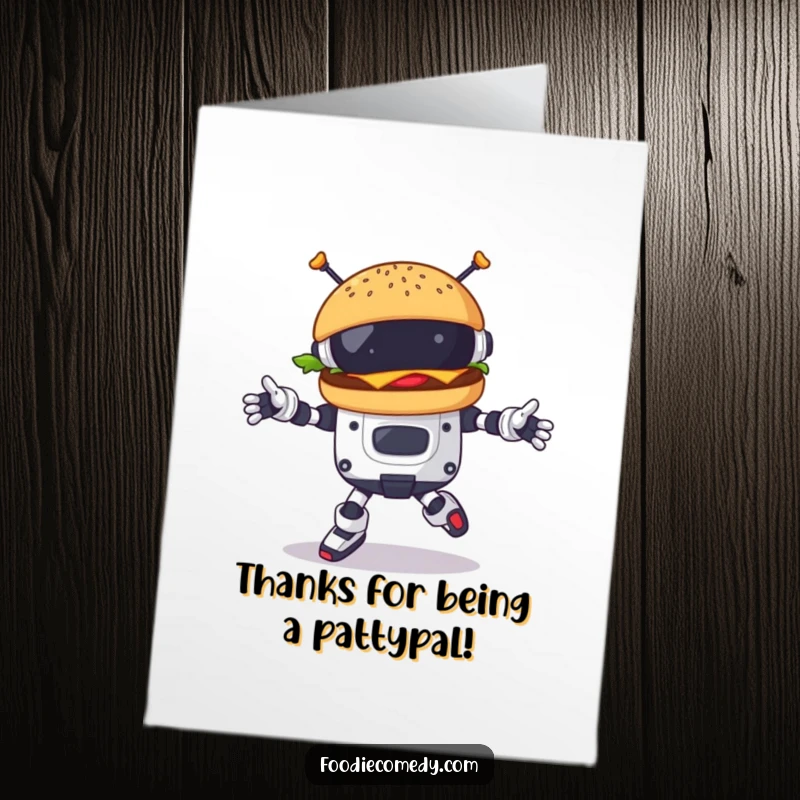 Funny Free Printable Thank You Card: A burger character performing a robotic dance to say thanks.