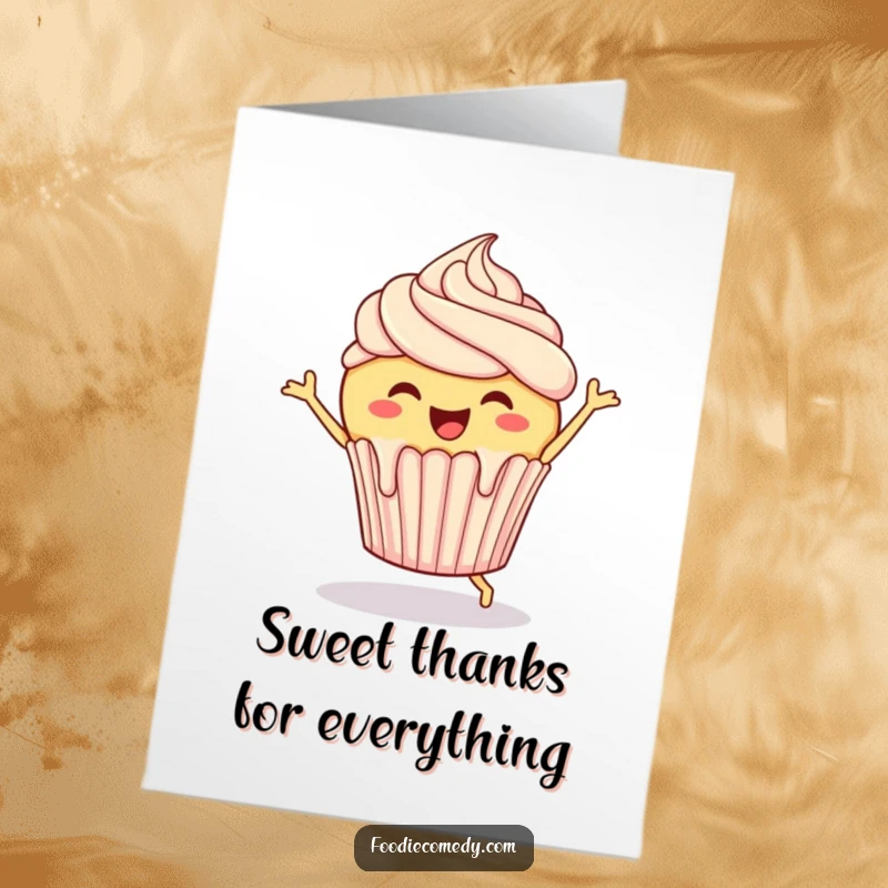 Funny Free Printable Thank You Card featuring a jubilant cupcake with melting frosting, doing a happy dance of gratitude.