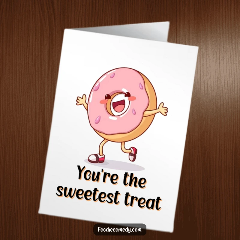 Funny Free Printable thank you card: A cheerful donut tap-dancing energetically, expressing thanks with sweet moves.