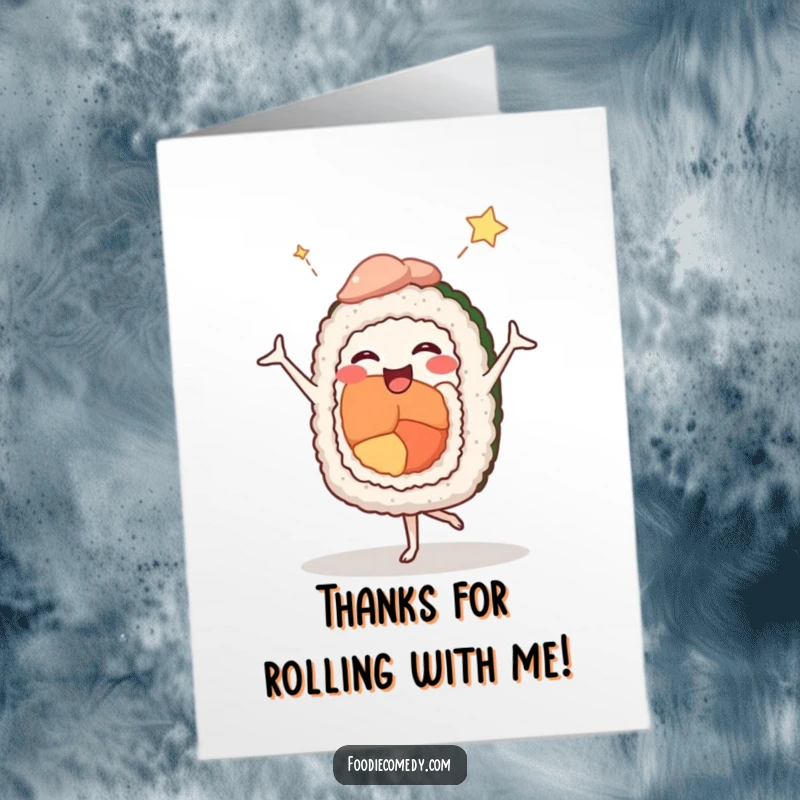 Funny Free Printable Thank You Card: A sushi roll in a ballet pose expresses thanks with comedic grace and humor.