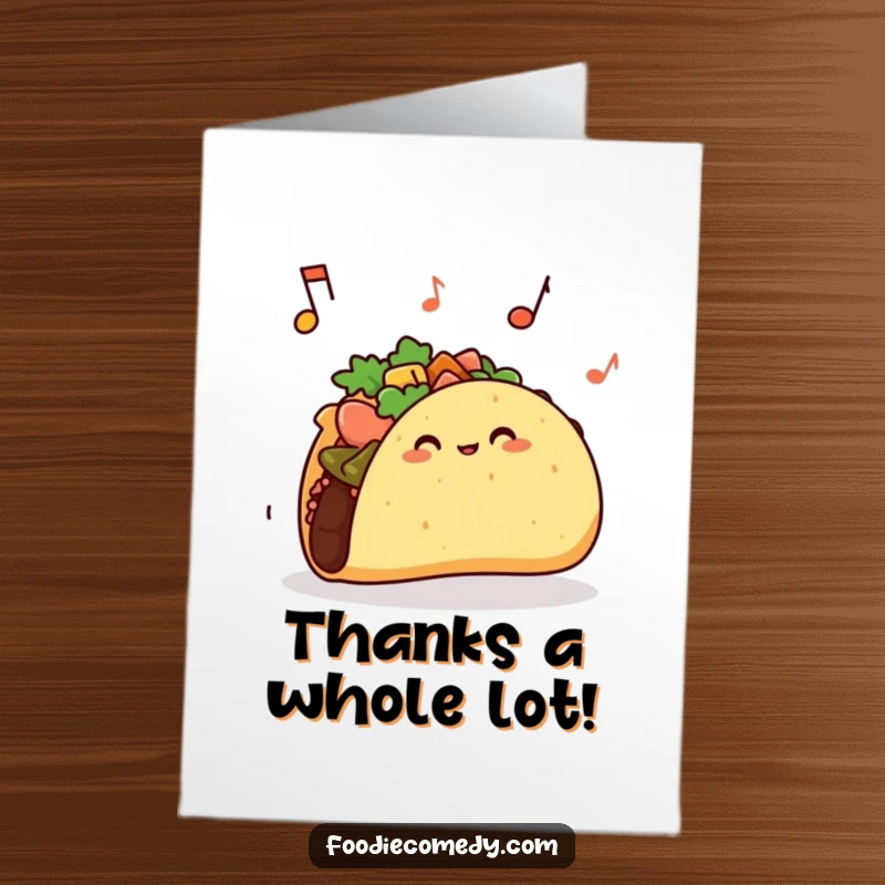 Funny Free Printable Thank You Card: A dancing taco with its shell jiggling, sending thanks with a rhythmic flair.