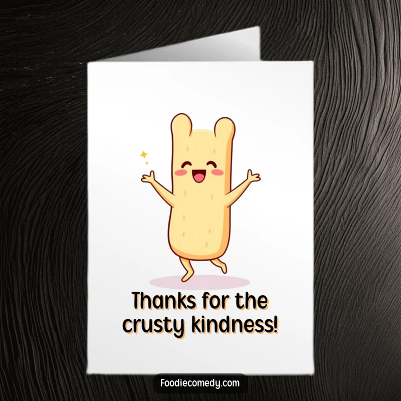 Funny free printable thank you card: A beaming baguette does a happy Charleston dance, sending warm thanks your way.