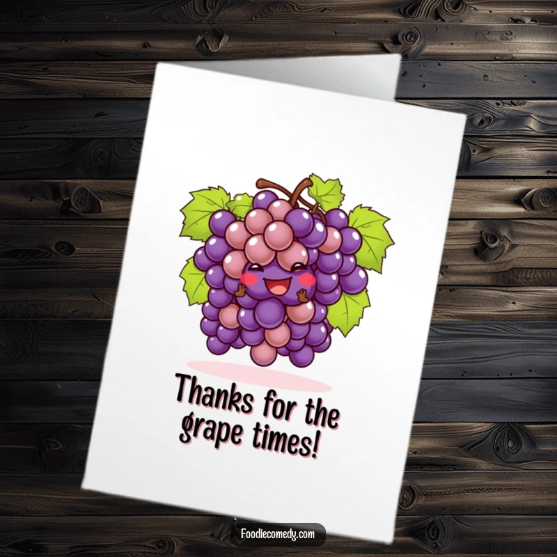 Funny free printable thank you card: A cheeky bunch of grapes enjoys a playful cha-cha, sending thanks your way.