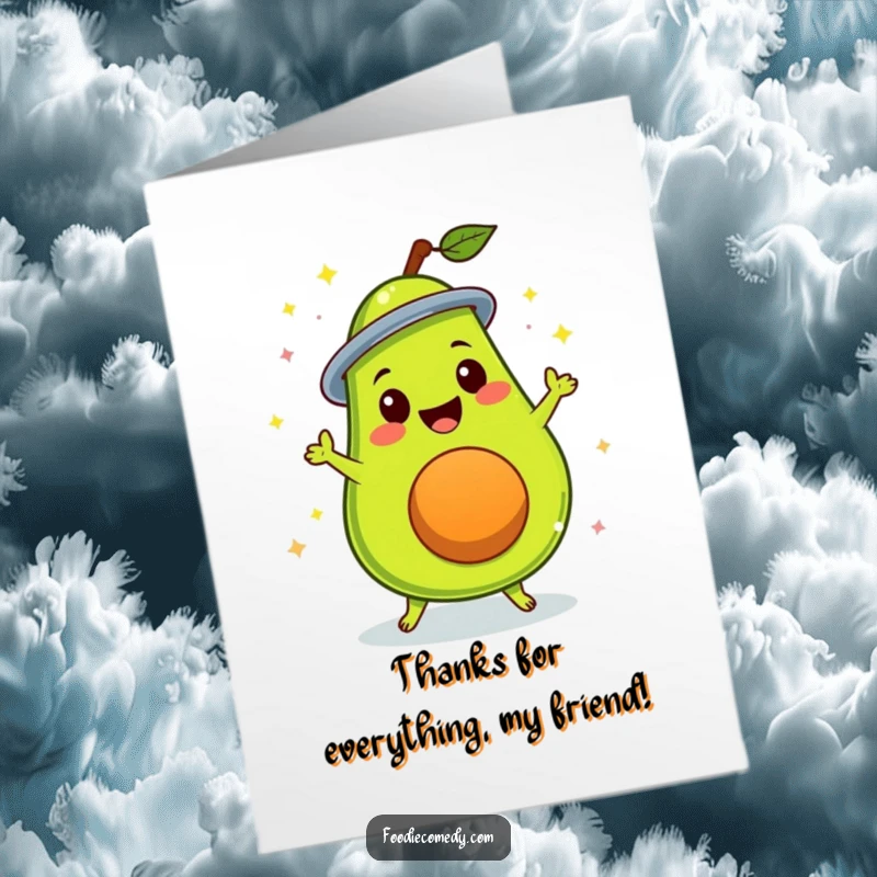 Free Printable thank you card: A smiling avocado doing a disco spin with groovy dance moves. Funky downloadable expression.