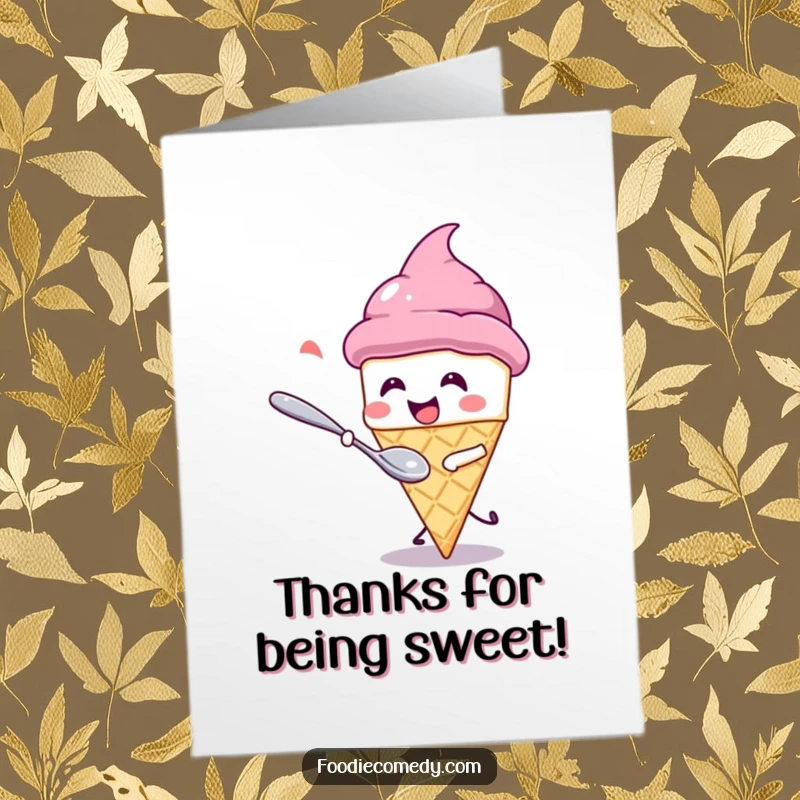 Funny Free Printable Thank You Card: A kawaii ice cream cone giggles as a spoon comically chases it, expressing thanks.