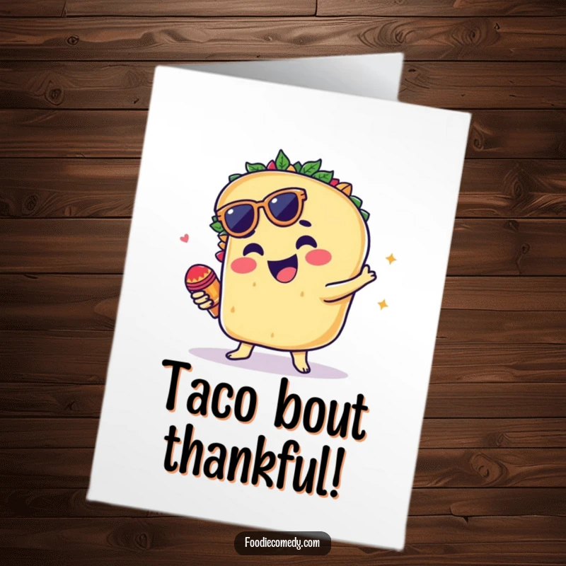 Funny Free Printable Thank You Card: A groovy taco enthusiastically shaking tiny maracas, expressing thanks with a festive rhythm.