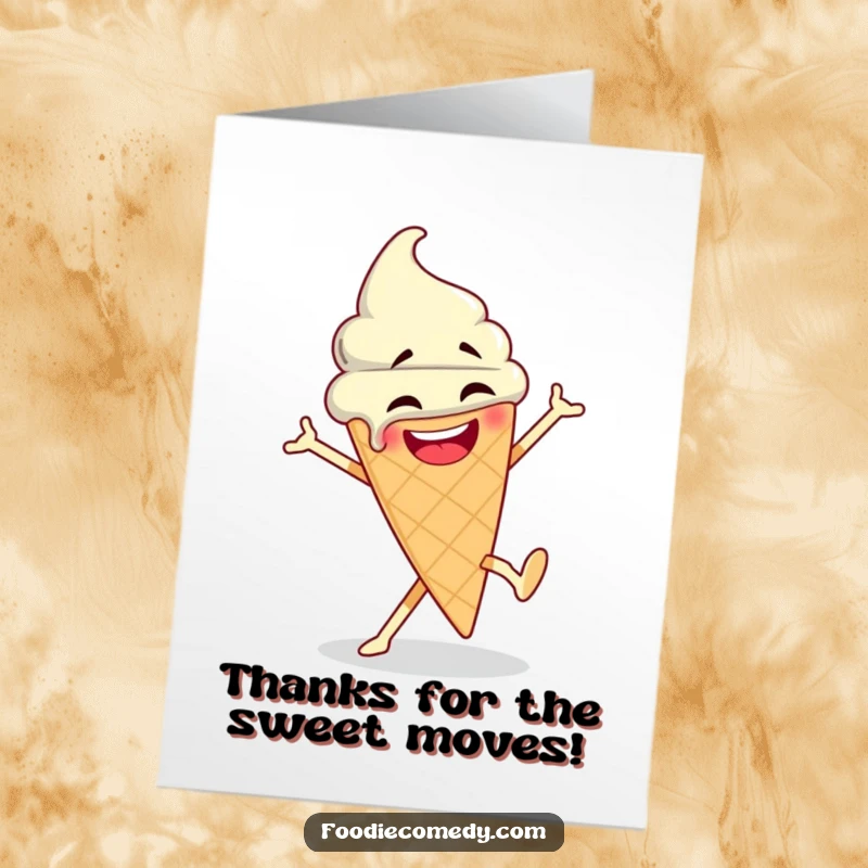 Funny Free Printable Thank You Card: An ice cream cone doing a fun breakdance, dripping joy and sprinkles, a cool way to say thanks.