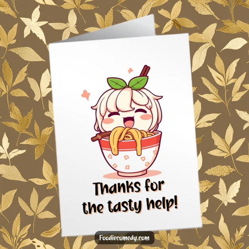 Funny Free Printable Thank You Card: A happy cup of noodles character slurping noodles with gusto, expressing thanks.