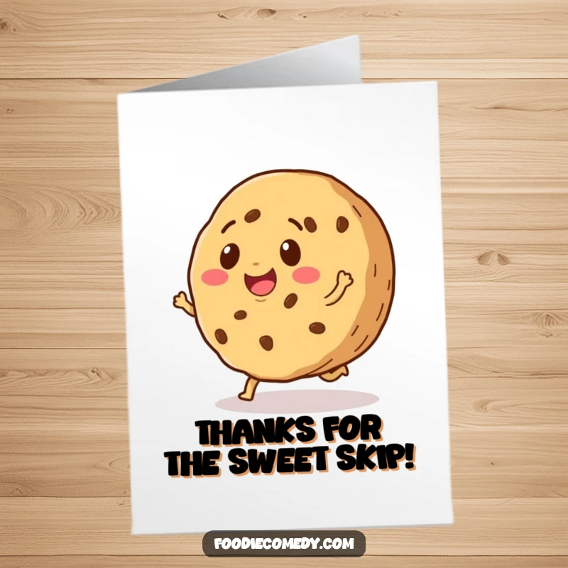 Funny Free Printable Thank You Card: Smiling cookie doing a happy little skip, conveying thanks with cheer. A charming and upbeat design.