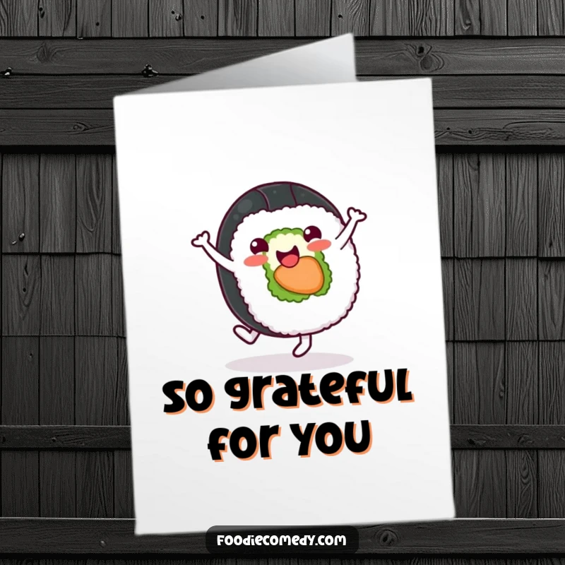 Funny Free Printable Thank You Card of a cheerful sushi roll character doing a cartwheel, conveying thanks with delightful sushi motion.