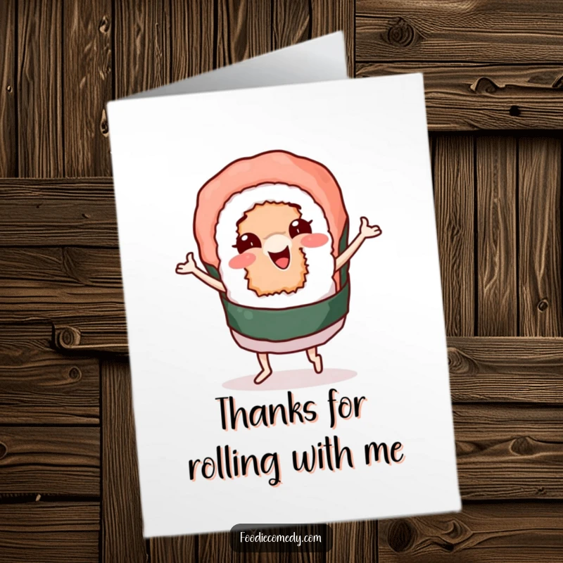 Funny Free Printable Thank You Card: A sushi roll character doing a happy dance to express thanks.