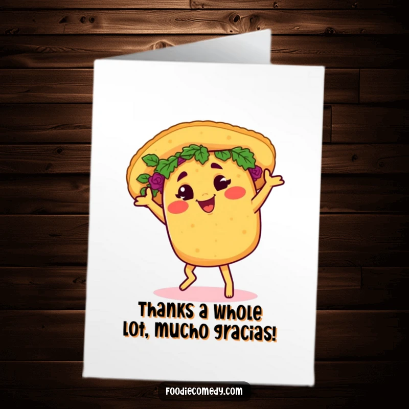 Funny Free Printable Thank You Card: A cheerful taco salsa dances, offering thanks with a wink.