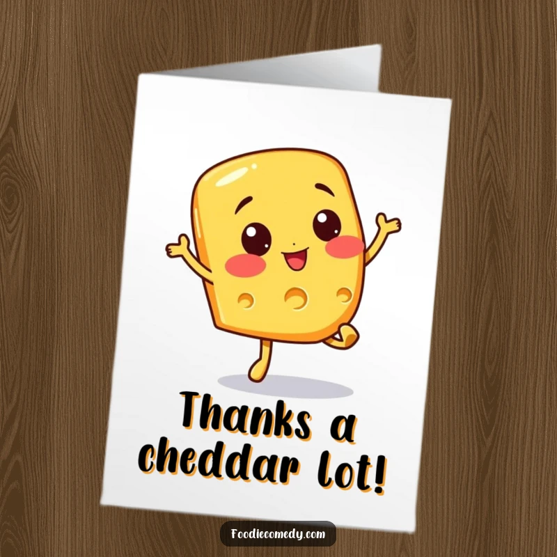 Funny Free Printable Thank You Card: A smiling cheese character doing a happy bouncy hop to show gratitude.