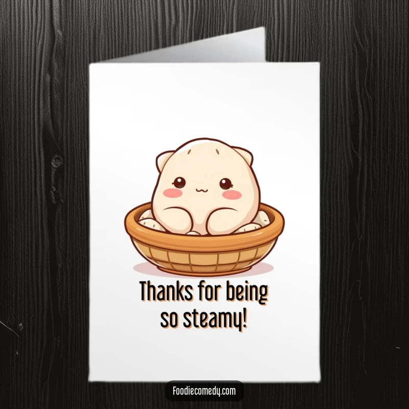 Funny Free Printable thank you card with a plump, blushing dumpling giving a playful wink from a basket.