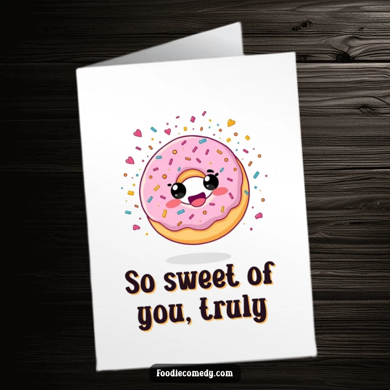 Funny Free Printable Thank You Card featuring a delighted donut character showering confetti for appreciation.