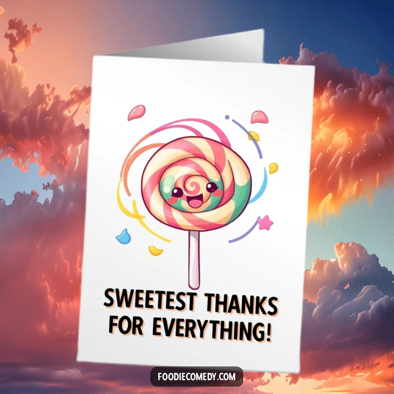 Funny Free Printable Thank You Card: Adorable kawaii lollipop spinning with colorful patterns, expressing thanks with joy.