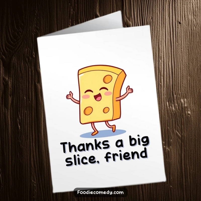 Funny Free Printable Thank You Card: A winking cheese slice performing a tango, expressing thanks with humor.