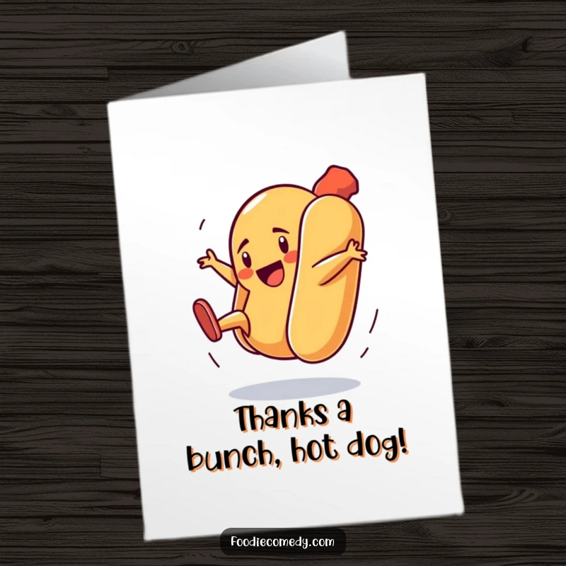 Funny Free Printable Thank You Card: A hot dog in a bun showing off cool breakdance moves to express thanks.