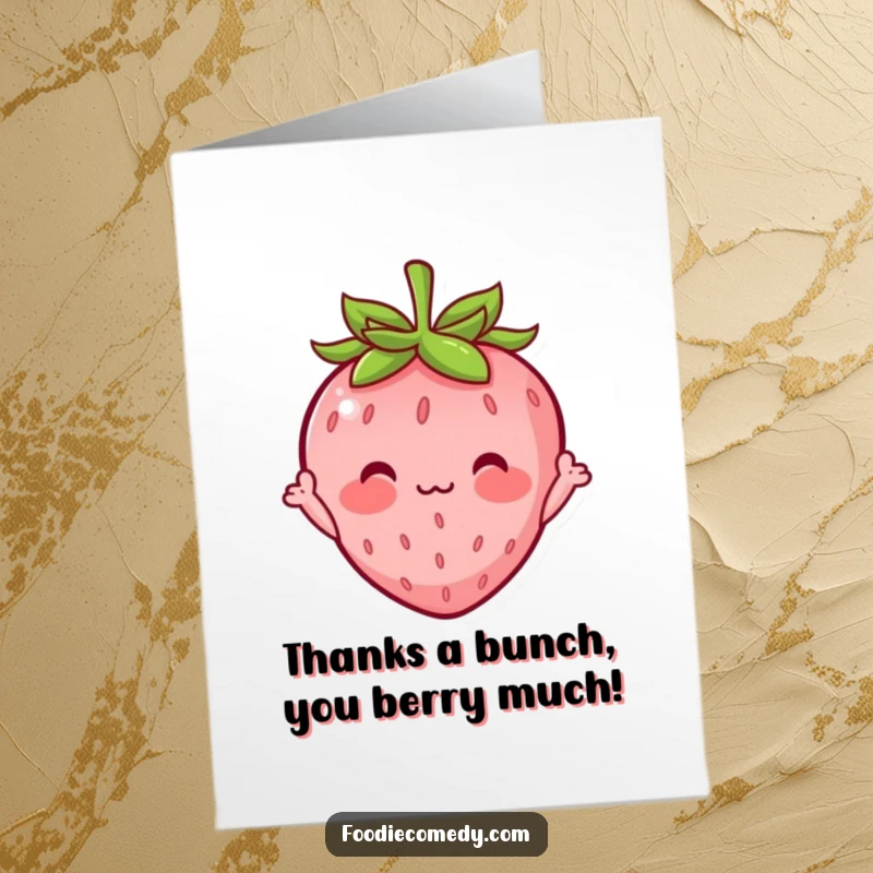 Funny Free Printable Thank You Card: A shy blushing strawberry with tiny arms waving a sweet thank you.