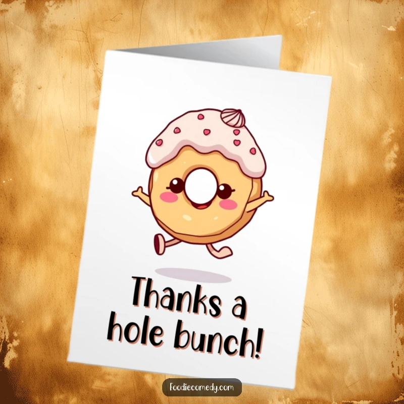 Funny free printable thank you card of a cheerful donut character with frosting hair skipping joyfully, expressing thanks.