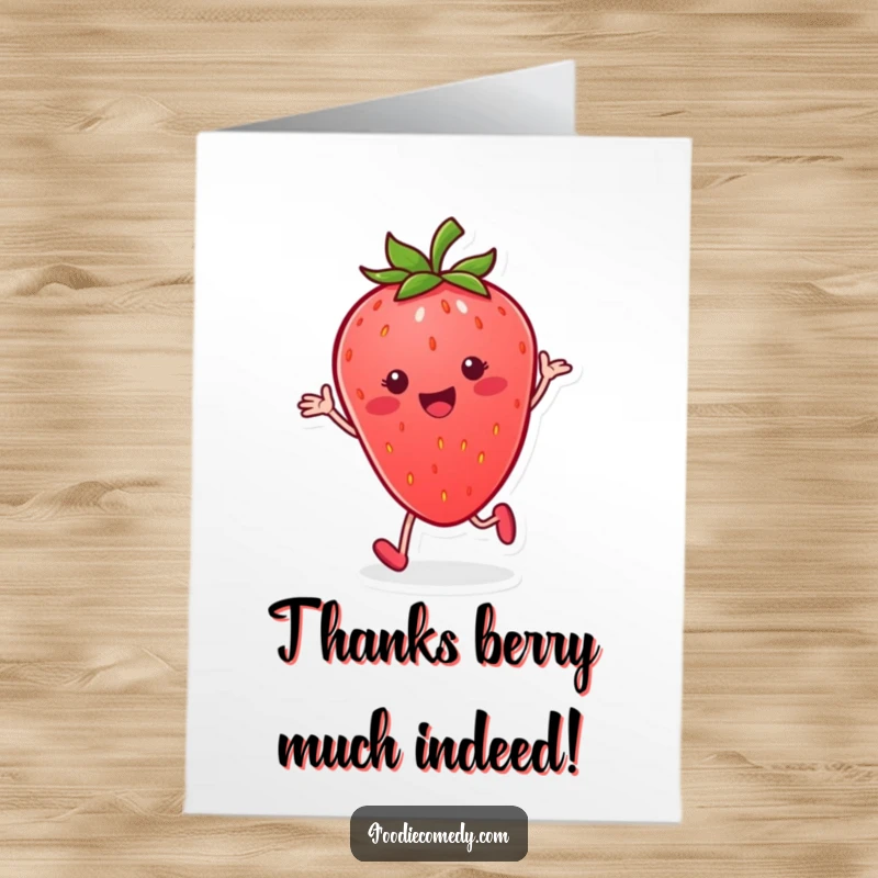 Funny Free Printable Thank You Card: A smiling strawberry tap dances rhythmically to express heartfelt thanks.