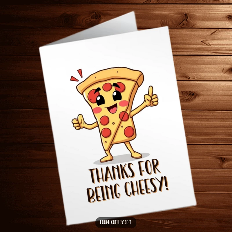 Funny Free Printable Thank You Card: A proud pizza slice strikes a heroic pose, ready to serve thanks.