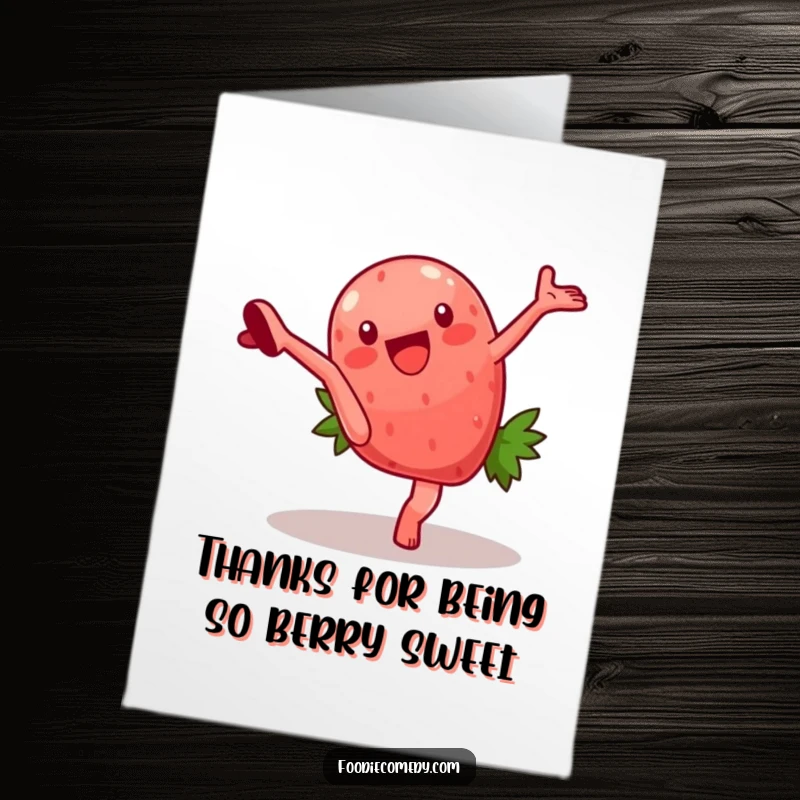 Funny Free Printable Thank You Card: A happy strawberry performing a cartwheel to express gratitude.