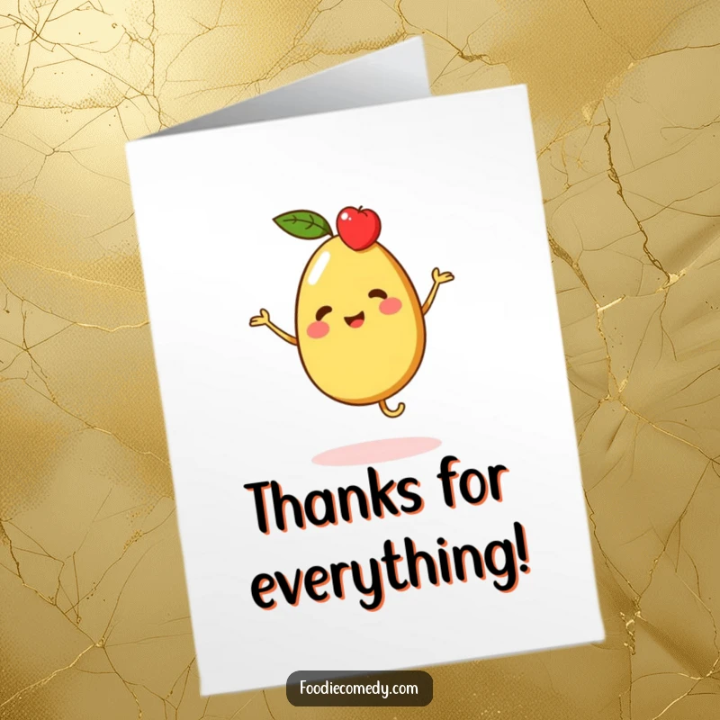 Funny Free Printable Thank You Card: A vibrant piece of fruit doing a merry jig, conveying thanks with joyful movement.