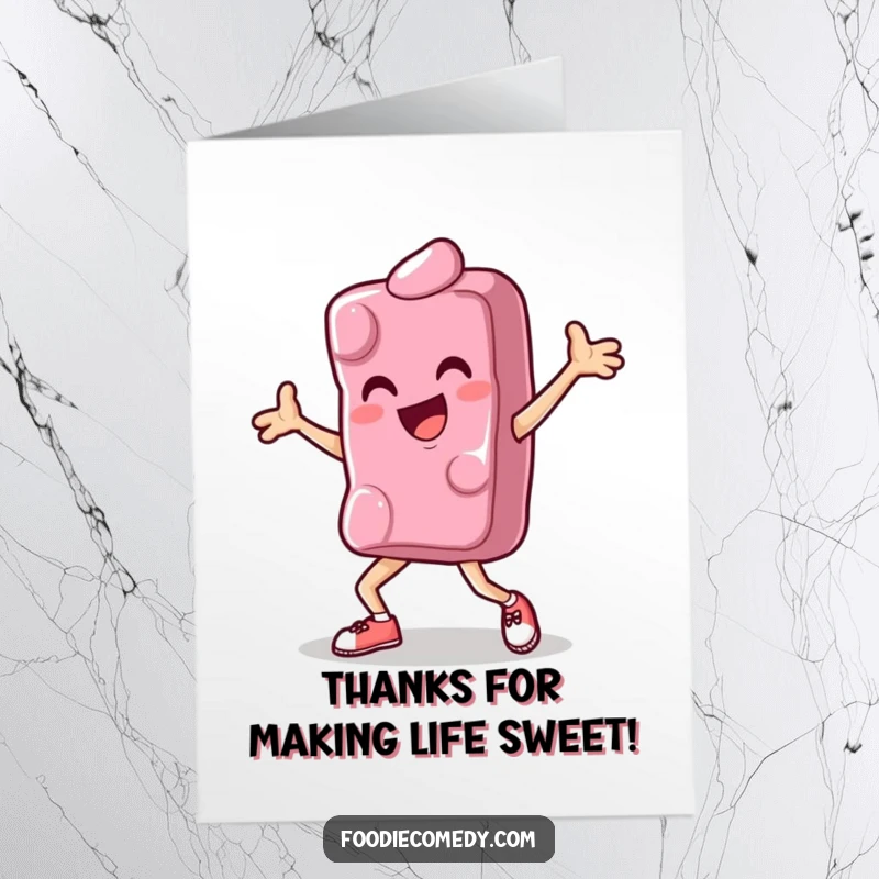 Funny Free Printable Thank You Card: A candy popping and locking, expressing thanks with energetic style.