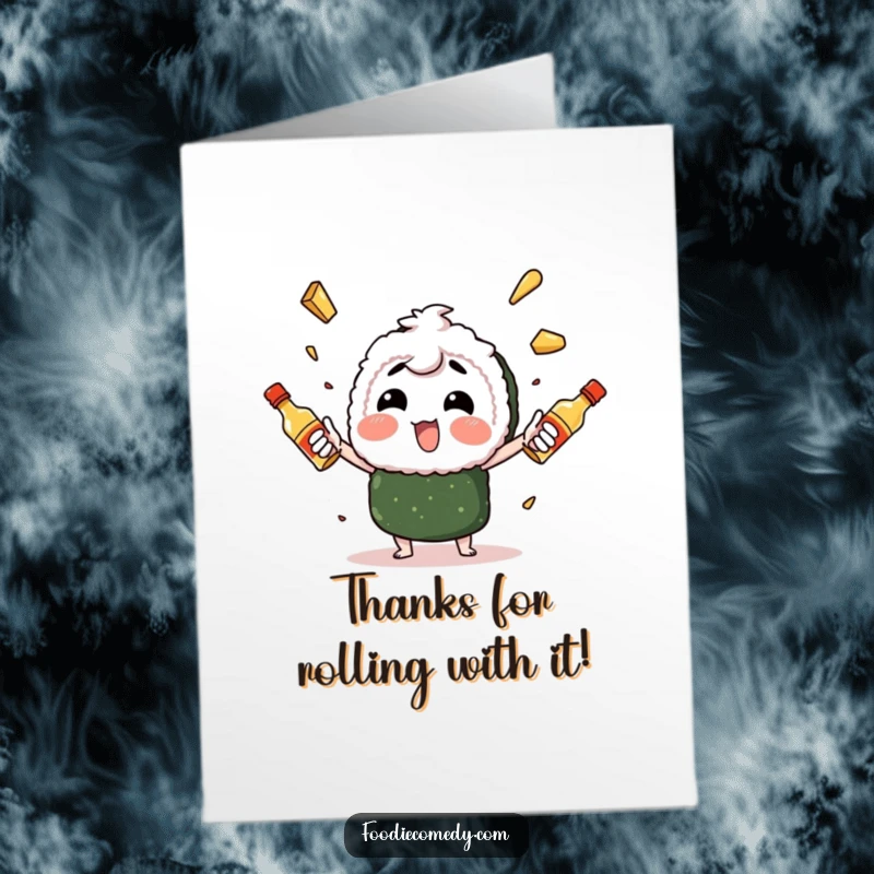 Funny Free Printable Thank You Card: a sushi character enthusiastically juggles spicy mayo bottles.