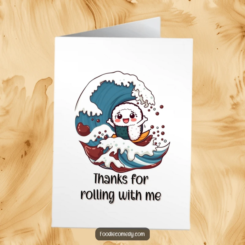 Funny Free Printable Thank You Card: a happy sushi roll character riding a massive soy sauce wave.