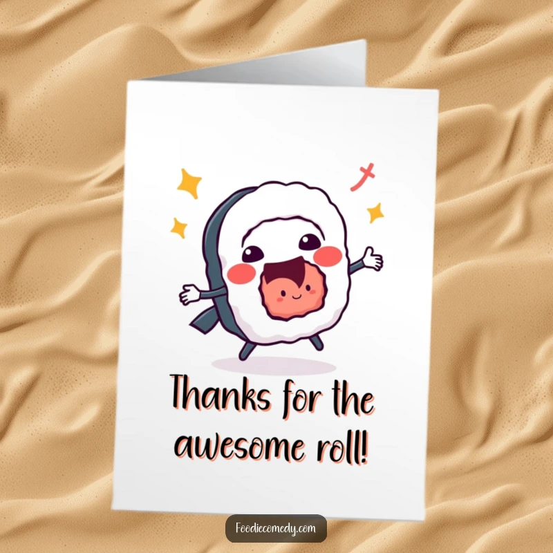 Funny free printable thank you card: A cheerful sushi roll does a happy jitterbug, sending thanks in a fun, energetic way.
