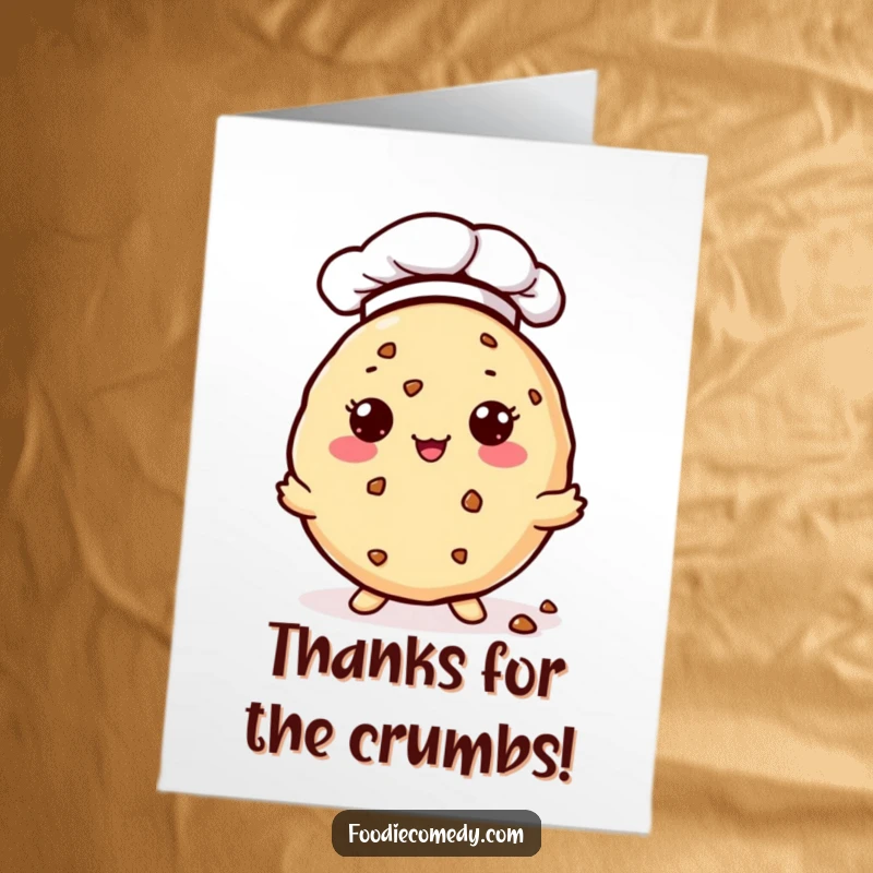 Funny Free Printable Thank You Card: A kawaii cookie with a chef hat offers small crumbs, symbolizing thanks.