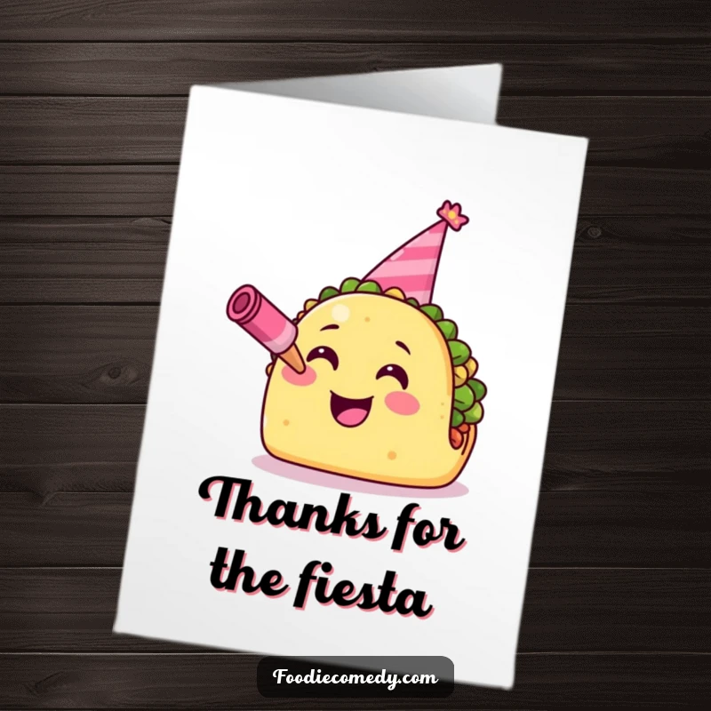 Funny Free Printable Thank You Card depicting a cheerful taco in a party hat, expressing thanks with a festive vibe.