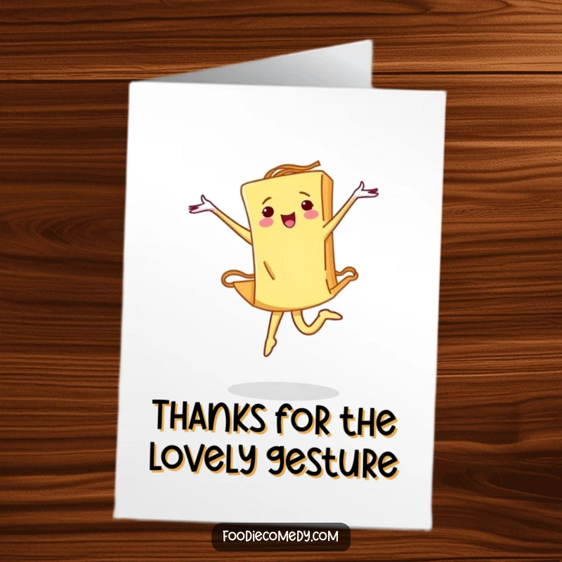 Funny free printable thank you card: A piece of pasta in a determined ballet leap, gracefully expressing gratitude.