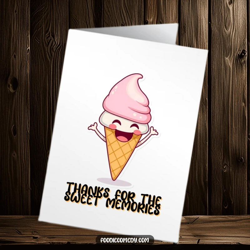 Funny free printable thank you card of a laughing ice cream cone doing a funky shimmy, expressing thanks with joy.