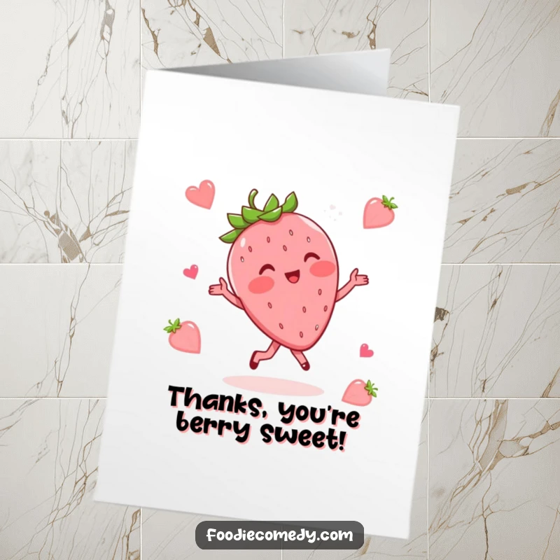 Funny Free Printable Thank You Card featuring a blushing strawberry doing a whimsical waltz, perfect for a sweet expression of thanks.