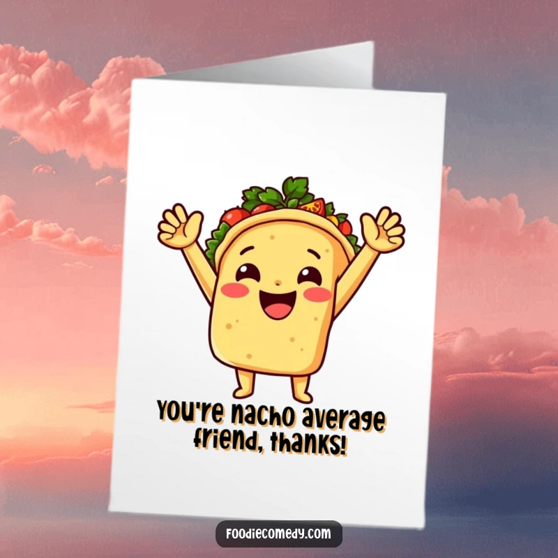 Funny Free Printable Thank You Card: A happy taco with outstretched arms, joyfully spewing forth delicious salsa.