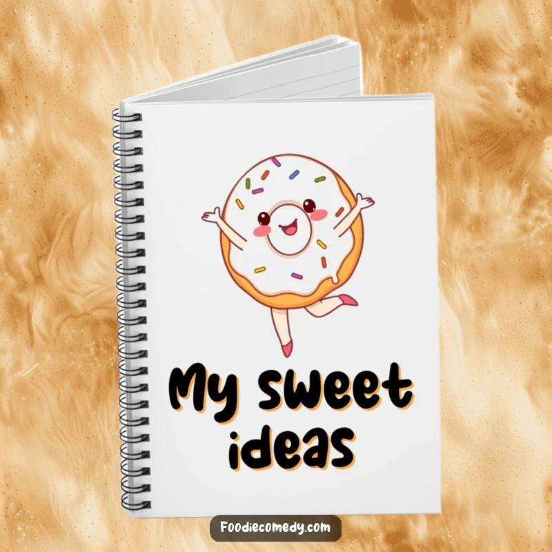 Funny ballet donut notebook featuring a cheerful, sprinkled donut performing a pirouette, ideal for journaling sweet inspiration.